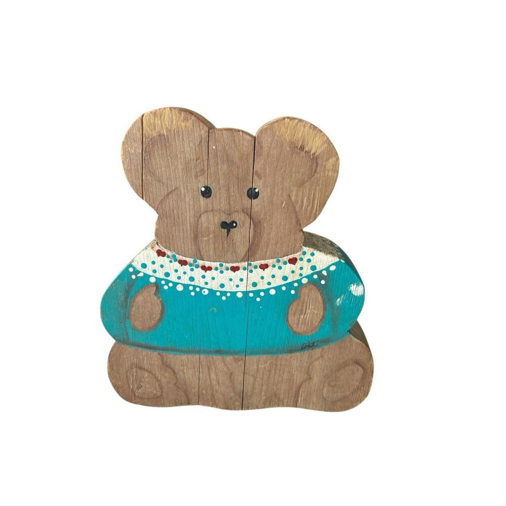 Handmade Vintage 1990s Wooden Bear Decor Teal Sweater Rustic‎ Folk Art 9x8 in